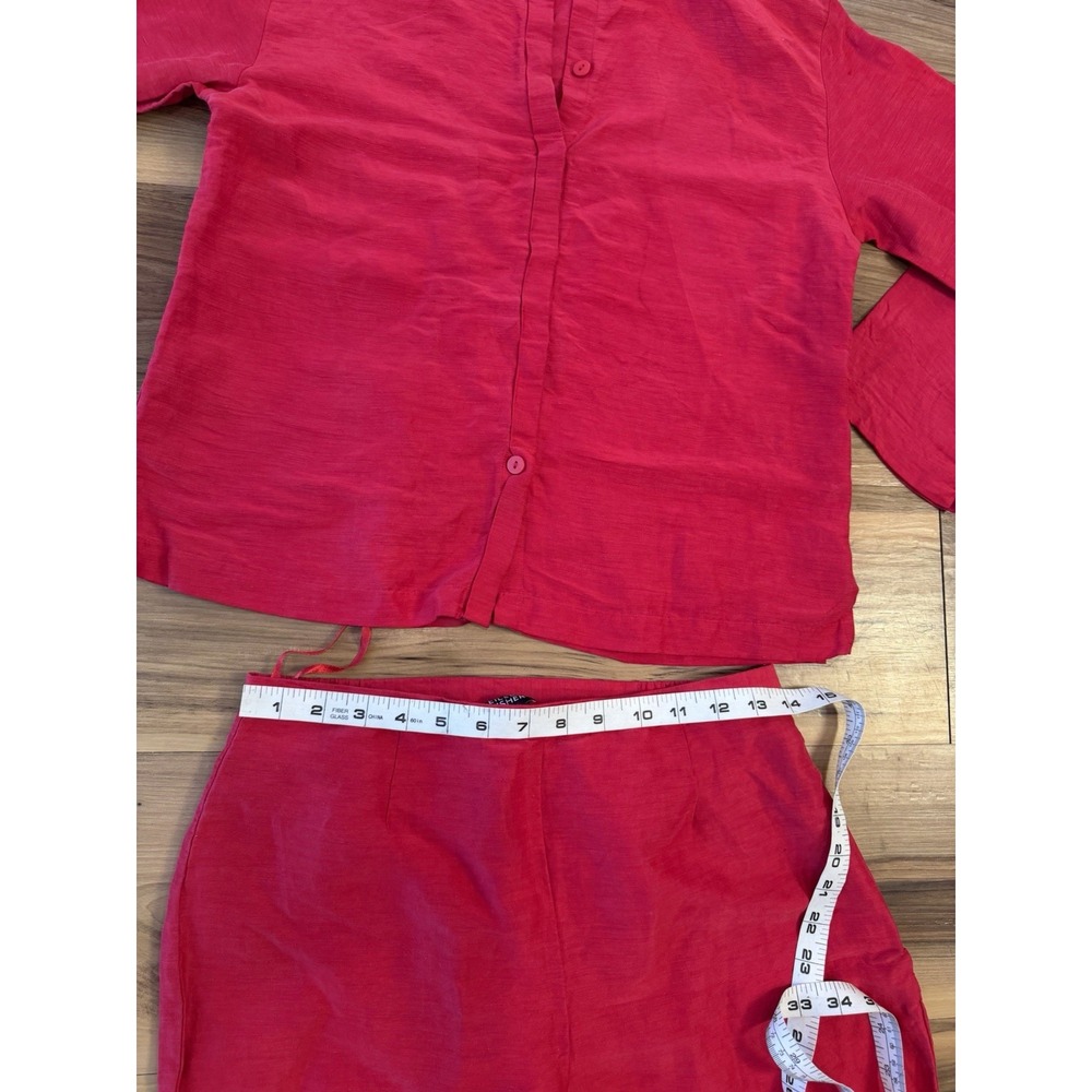 Eileen Fisher XS S Red Silk Linen Two Piece Button Shirt Pants Set Quiet Luxury - Picture 10 of 13
